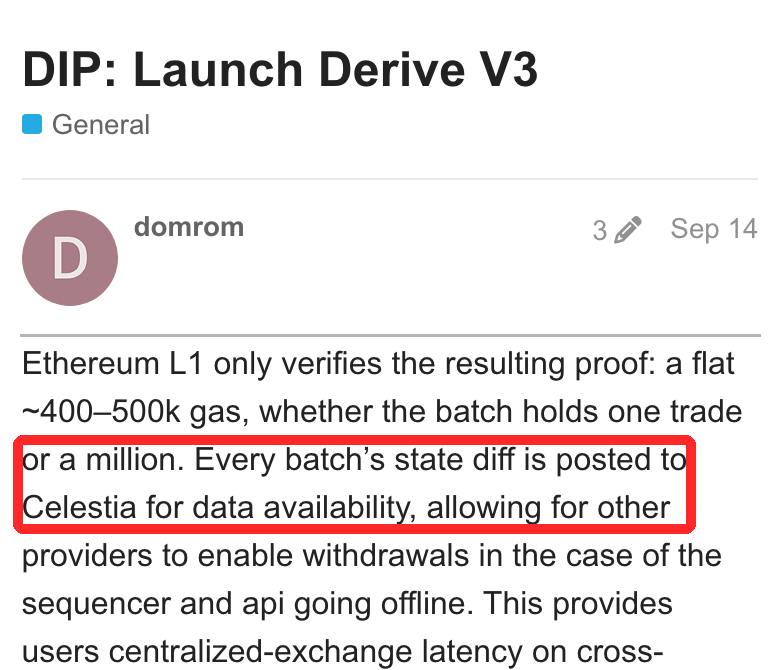 Derive公式の掲示板の提案「DIP: Launch Derive V3」（9月14日）。本文のEvery batch's state diff is posted to Celestia for data availabilityの部分が赤枠で囲まれている