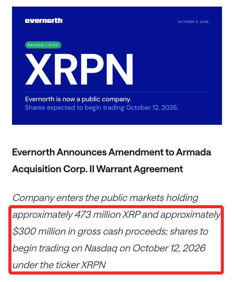 エバーノース公式プレスリリース。「approximately 473 million XRP and approximately $300 million in gross cash proceeds; shares to begin trading on Nasdaq on October 12, 2026 under the ticker XRPN」に赤枠