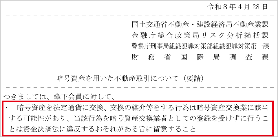 令和8年4月28日付の国土交通省・金融庁・警察庁・財務省の連名の文書「暗号資産を用いた不動産取引について（要請）」。暗号資産を法定通貨に交換、交換の媒介等をする行為は暗号資産交換業に該当する可能性があり、登録を受けずに行うことは資金決済法に違反するおそれがある旨に留意すること、の部分が赤枠で囲まれている