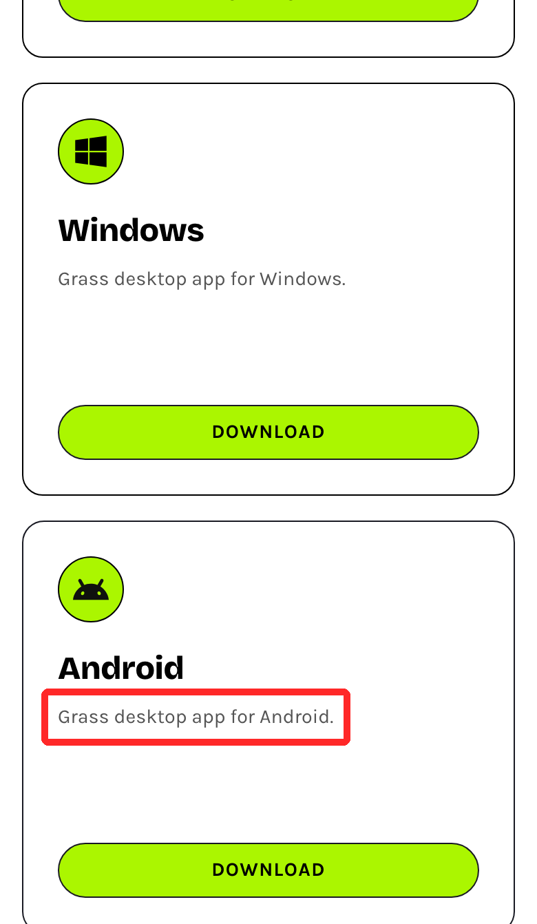 Grass公式のダウンロードページ。Windowsの下に最後の項目としてAndroid版のアプリが並び、Androidの説明を赤枠で囲んでいる