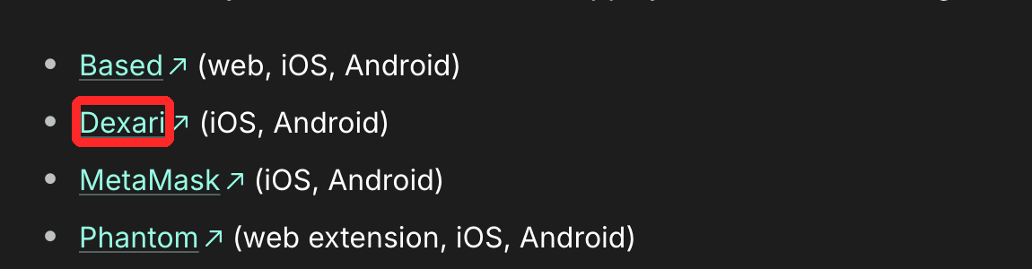 Hyperliquid公式ドキュメントが挙げる、使える画面とアプリの一覧（Based・Dexari・MetaMask・Phantom・app.hyperliquid.xyz）