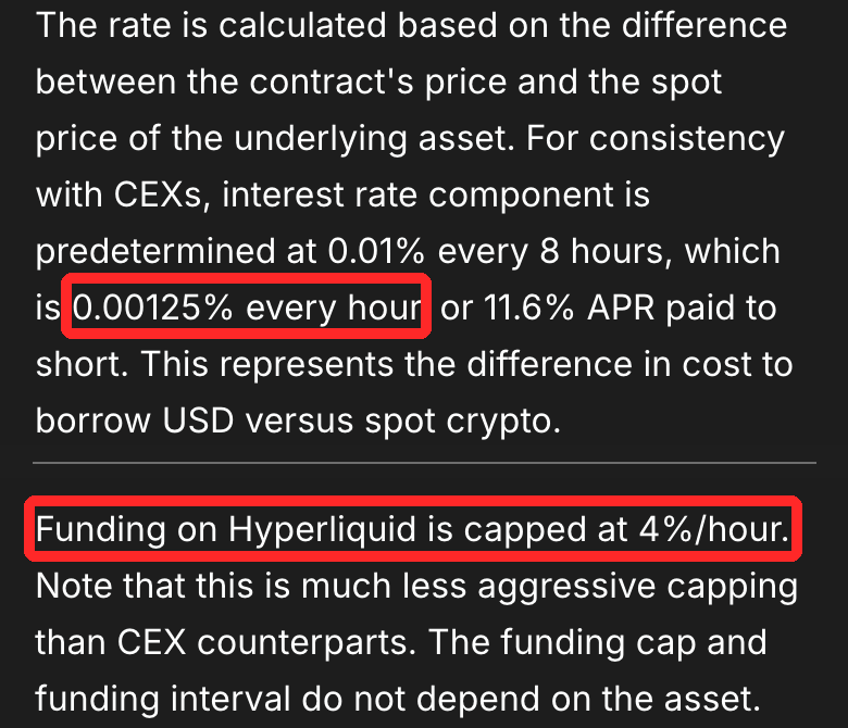 資金調達率は偏りがないとき1時間0.00125%、上限は1時間4%（出典：Hyperliquid公式ドキュメント「Funding」の2つの段落、2026年10月5日撮影）