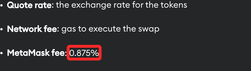 MetaMask公式サポートの、スワップの手数料（MetaMask fee 0.875%）の説明