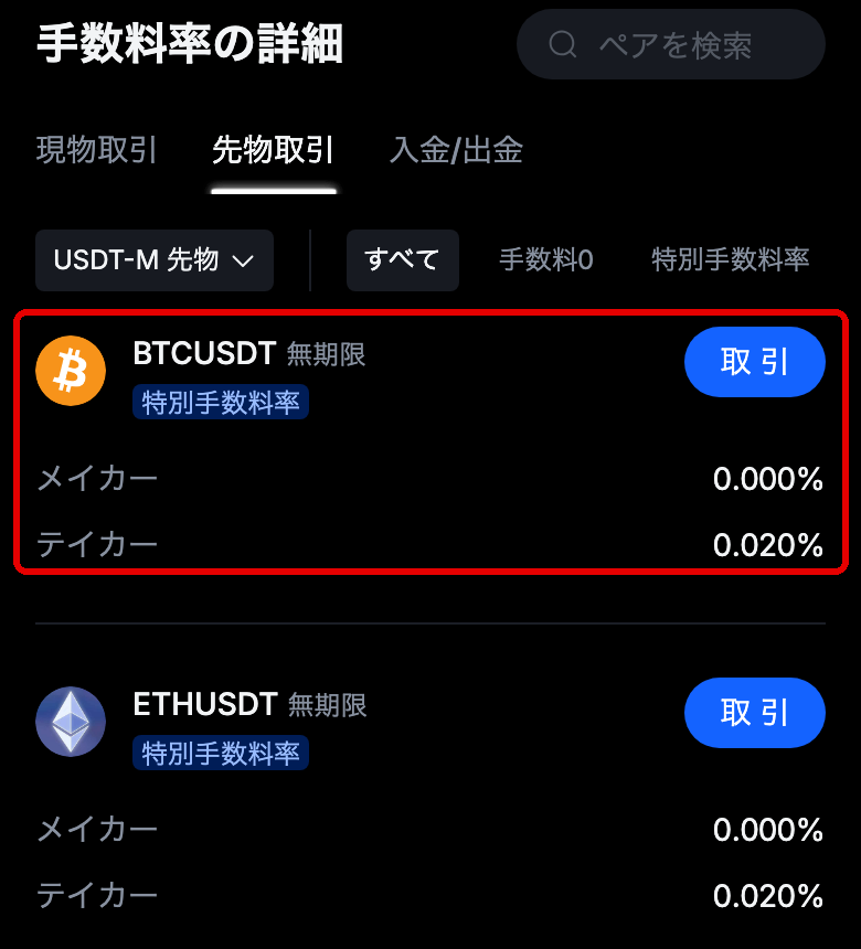 MEXCの手数料ページ。BTCUSDT無期限はメイカー0.000%・テイカー0.020%と表示されている
