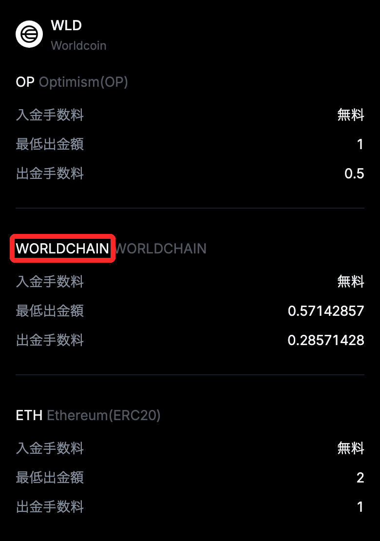 MEXCの手数料ページの入金/出金タブ。WLDのネットワークはWORLDCHAIN・Optimism(OP)・Ethereum(ERC20)、入金手数料は無料