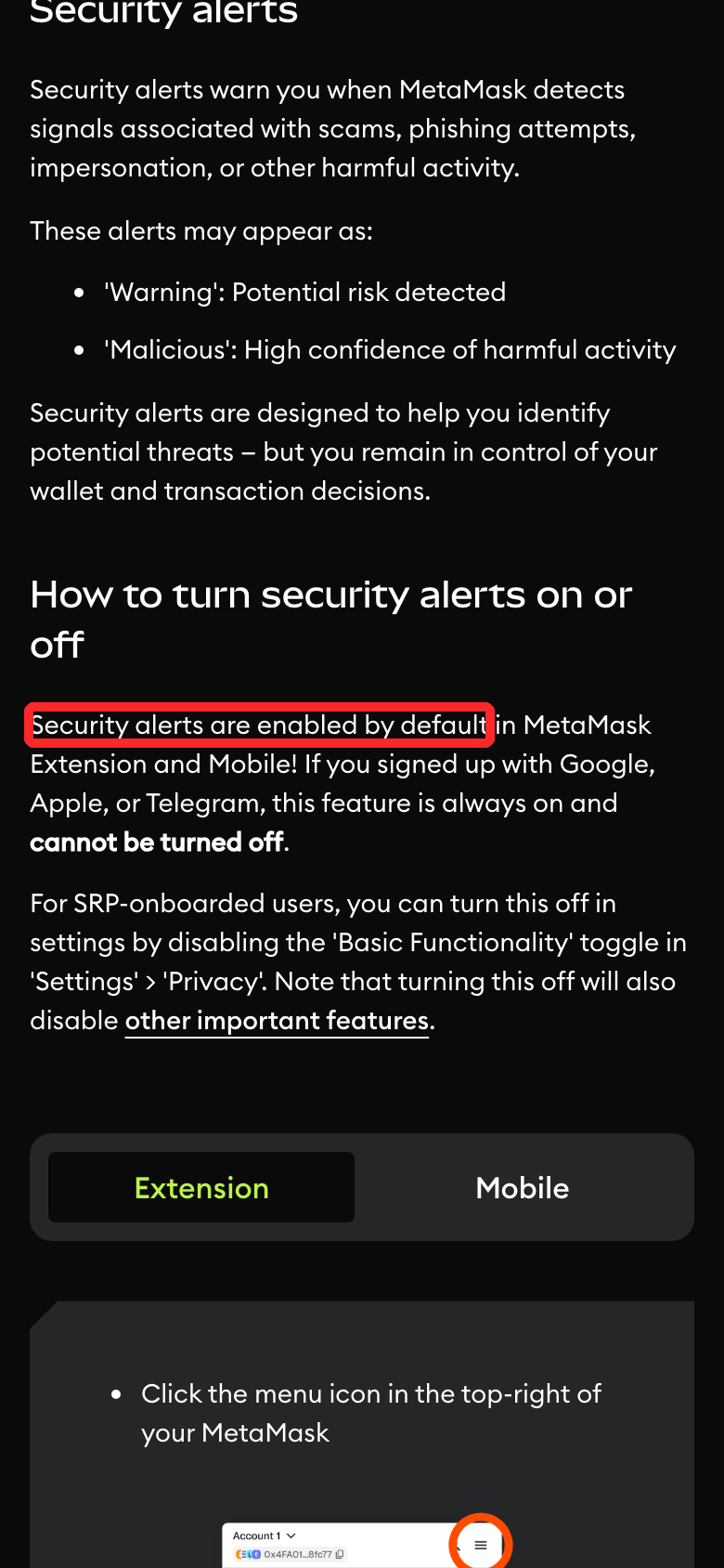 MetaMask公式ヘルプのセキュリティアラートのページ。「Security alerts are enabled by default」の部分を赤枠で囲んだ画面