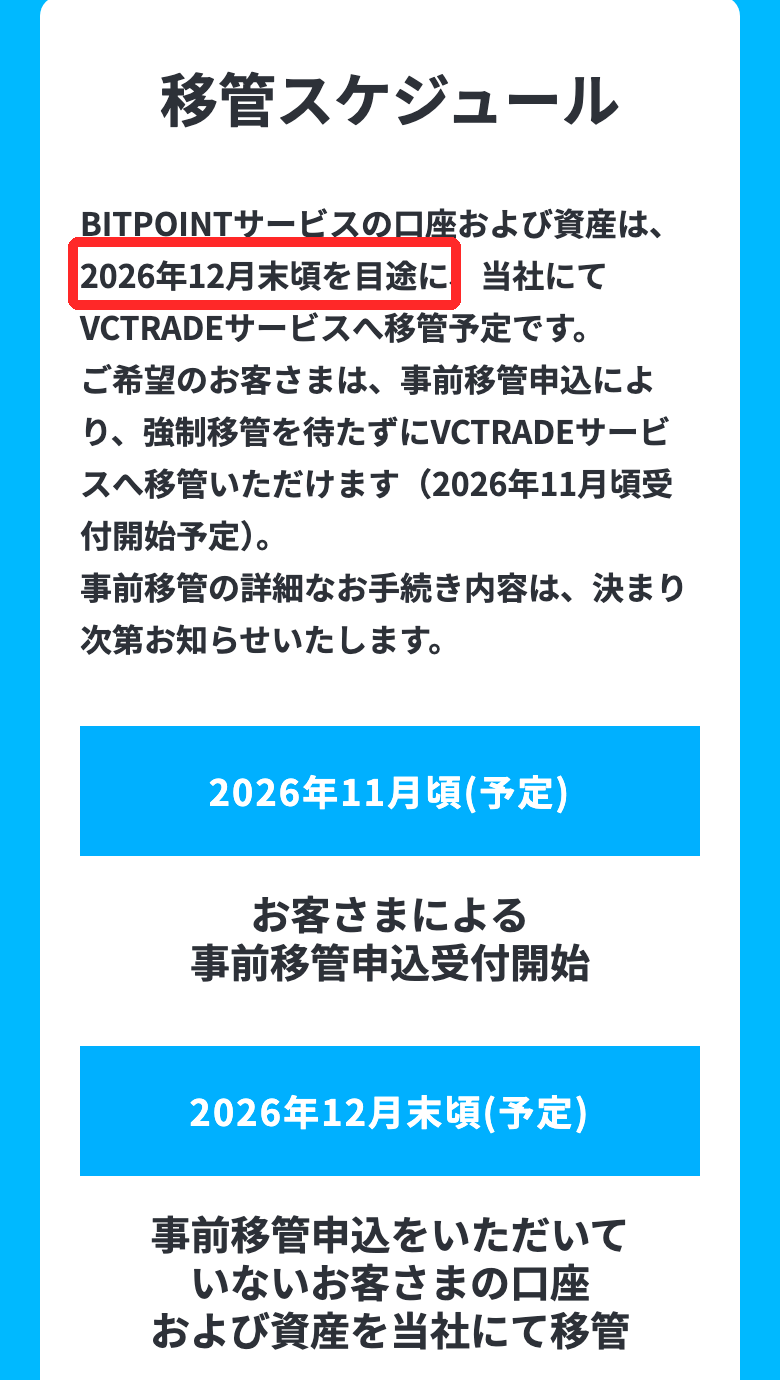 SBI VCトレードの移管特設サイトの移管スケジュール。BITPOINTの口座と資産は2026年12月末頃を目途にVCTRADEへ移管予定、事前移管は2026年11月10日受付開始予定