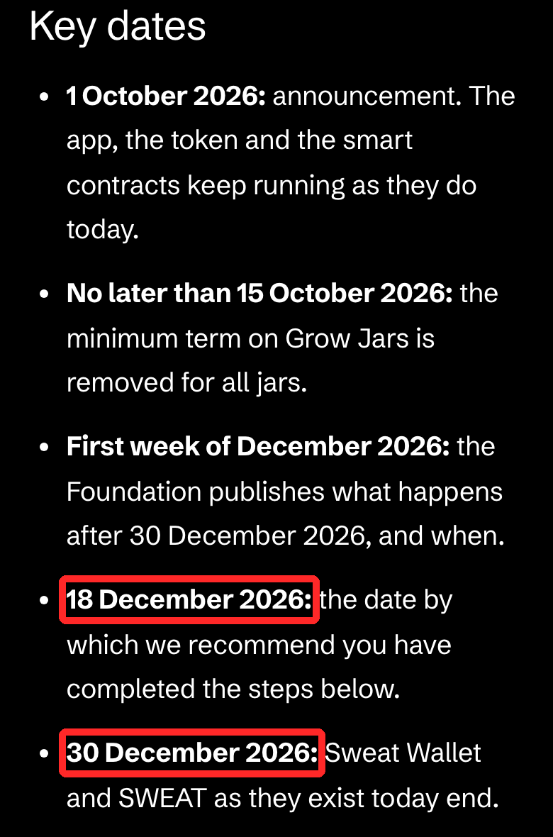 Sweat Foundation公式の告知ページの「Key dates」。10月1日の告知、10月15日までにGrow Jarsの最低期間を撤廃（撮影時点）、12月第1週に今後を発表、12月18日までに作業を完了、12月30日に終了と書かれている