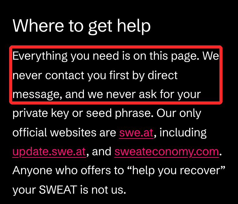 Sweat Foundation公式の告知ページの「Where to get help」。財団は自分からDMを送らず、秘密鍵やシードフレーズを聞かない。公式サイトは swe.at と sweateconomy.com だけと書かれている
