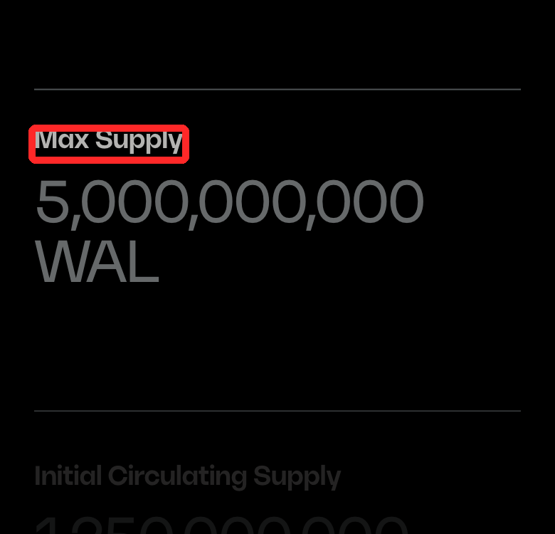 Walrus公式のWALトークンのページ。最大供給量（Max Supply）5,000,000,000 WALの部分が赤枠で囲まれ、その下に初期流通量（Initial Circulating Supply）が続いている