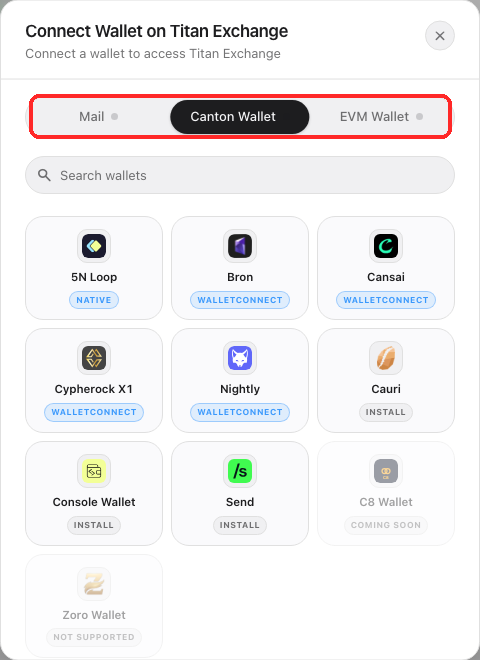 Titanテストネットの接続画面。Mail・Canton Wallet・EVM Walletの3つから選べる