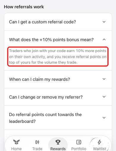 TitanのRewards画面のFAQ。招待コード経由ならポイントが10%多くなると説明