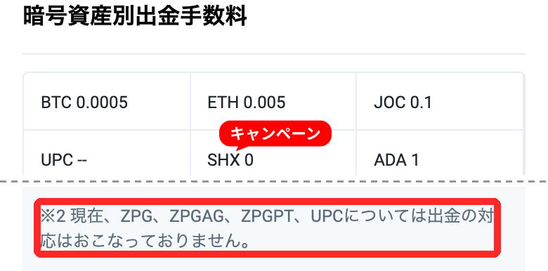 BitTradeの手数料一覧。UPCの出金手数料は「--」、UPCは出金非対応との注記