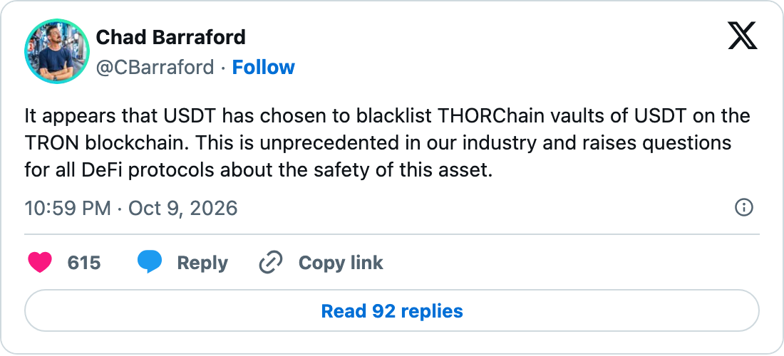 THORChain共同創業者Chad Barraford氏の、USDT凍結についてのX投稿