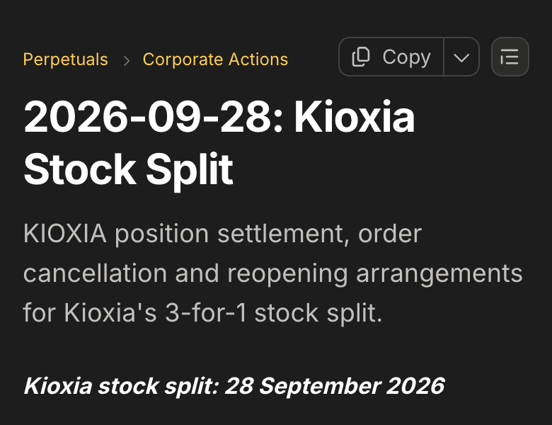 trade[XYZ]公式ドキュメントのページ「2026-09-28: Kioxia Stock Split」。キオクシアの1株を3株にする分割に伴うポジションの決済と注文の取り消し、取引再開の案内